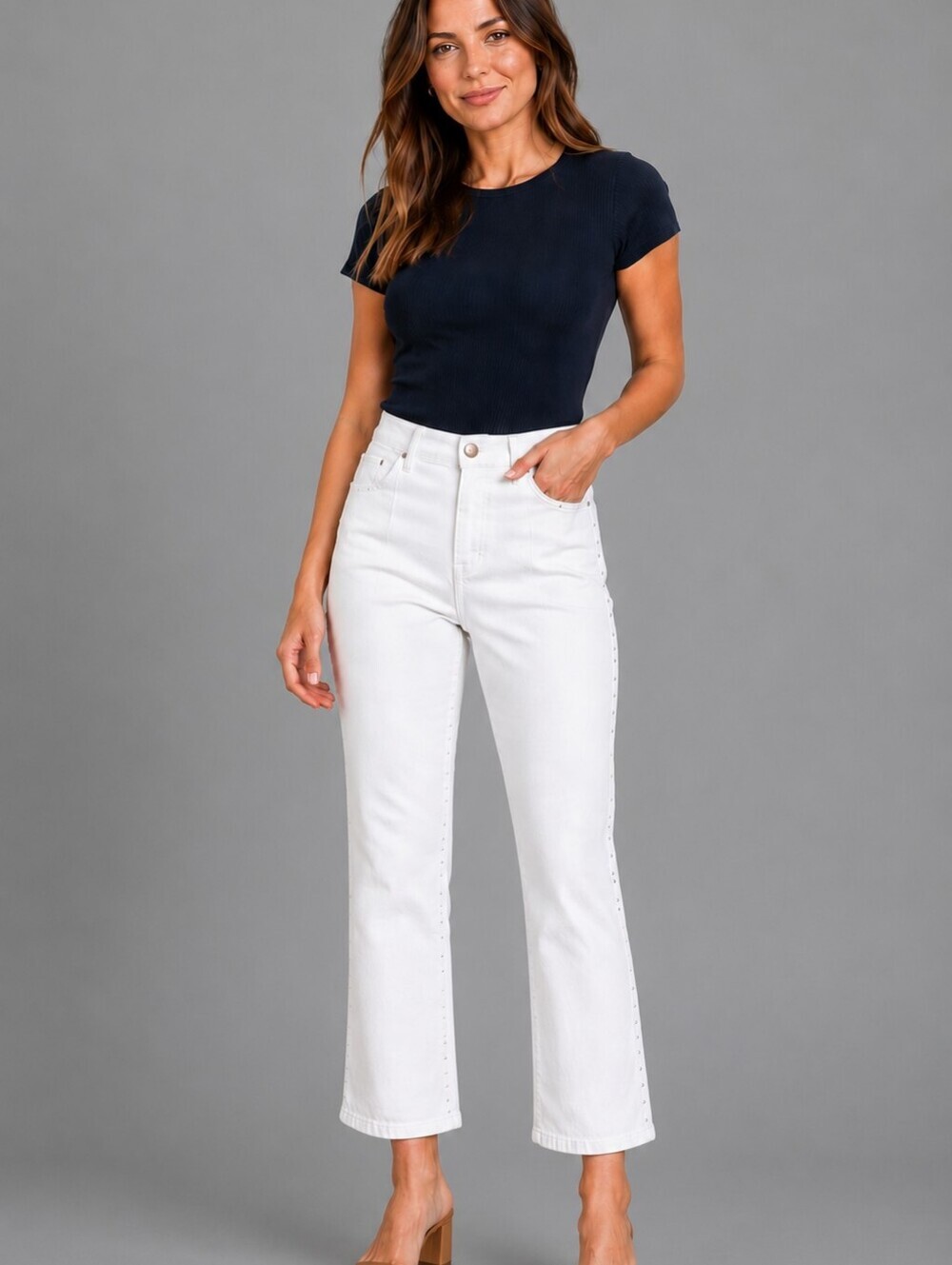Vtg NYDJ White Tummy Tuck Rhinestone Studded Bootcut High Waist Ankle Jeans